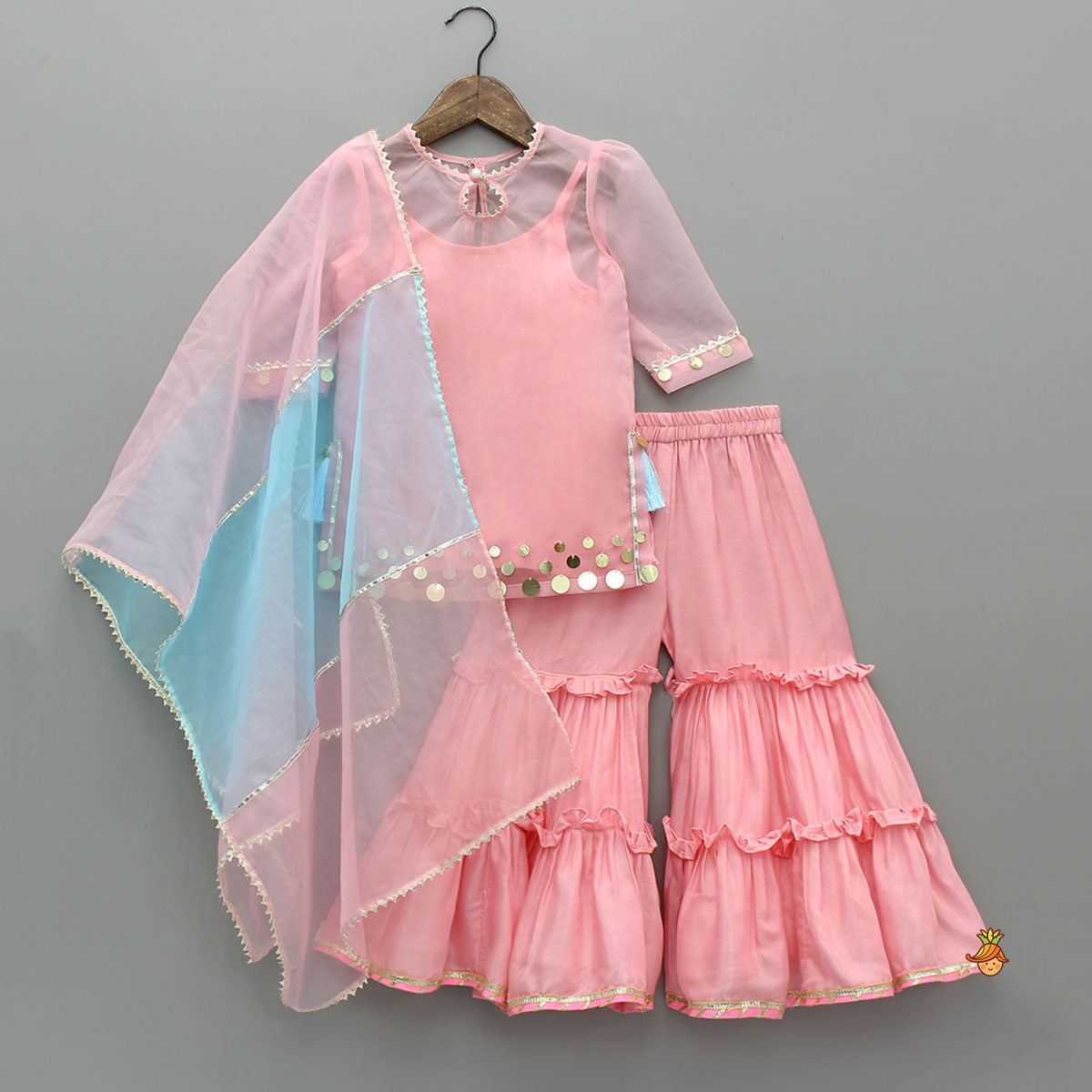 Elegant Strappy Top With Embellished Kurti And Ruffled Sharara With Dupatta