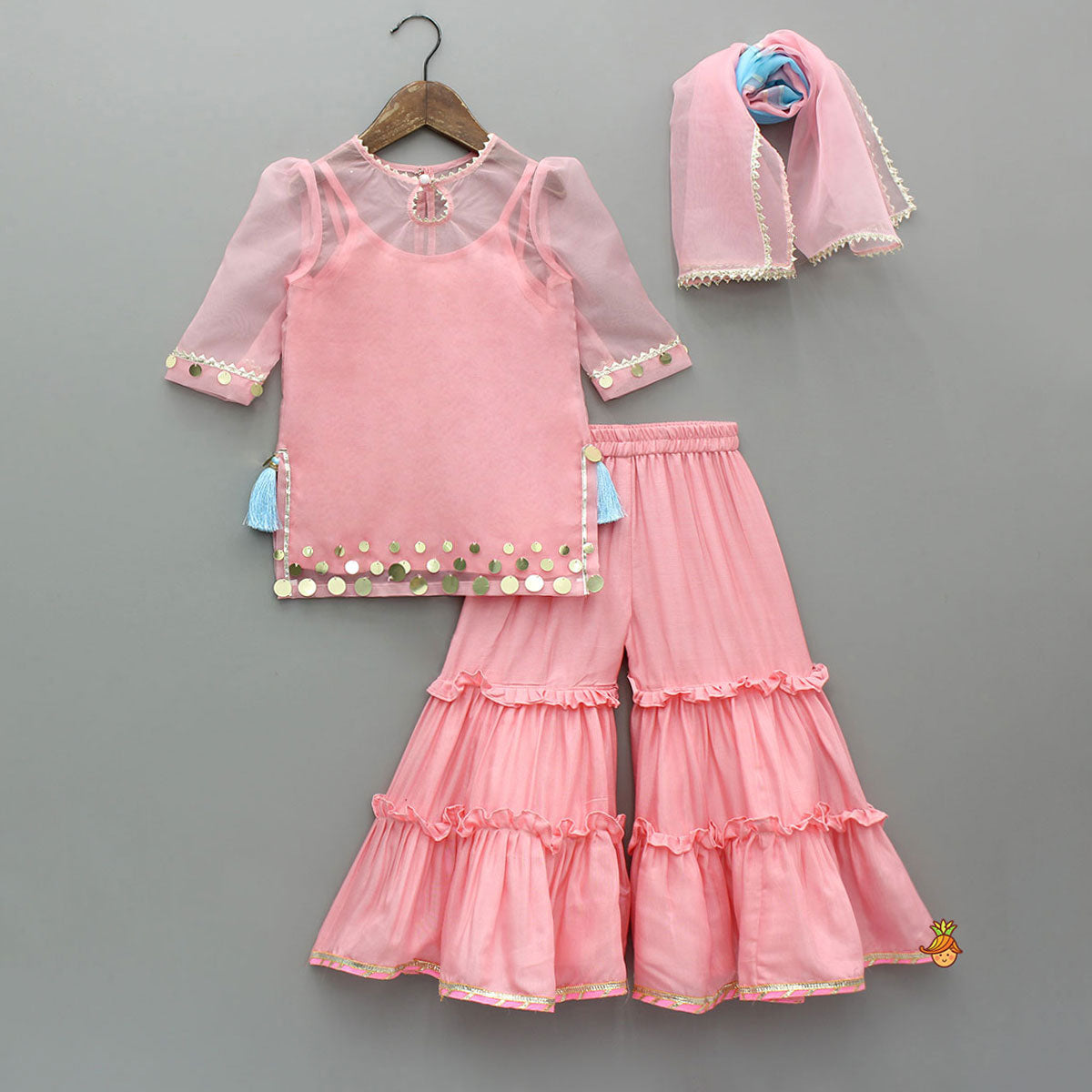 Elegant Strappy Top With Embellished Kurti And Ruffled Sharara With Dupatta