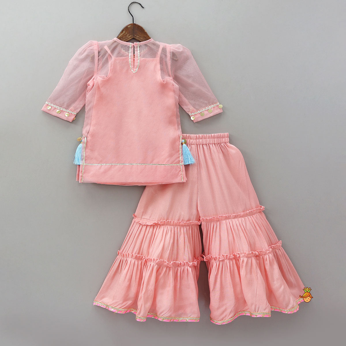 Elegant Strappy Top With Embellished Kurti And Ruffled Sharara With Dupatta