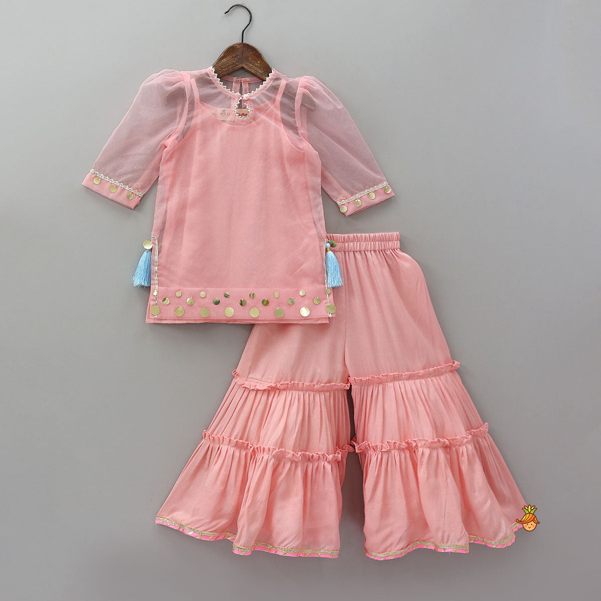 Elegant Strappy Top With Embellished Kurti And Ruffled Sharara With Dupatta