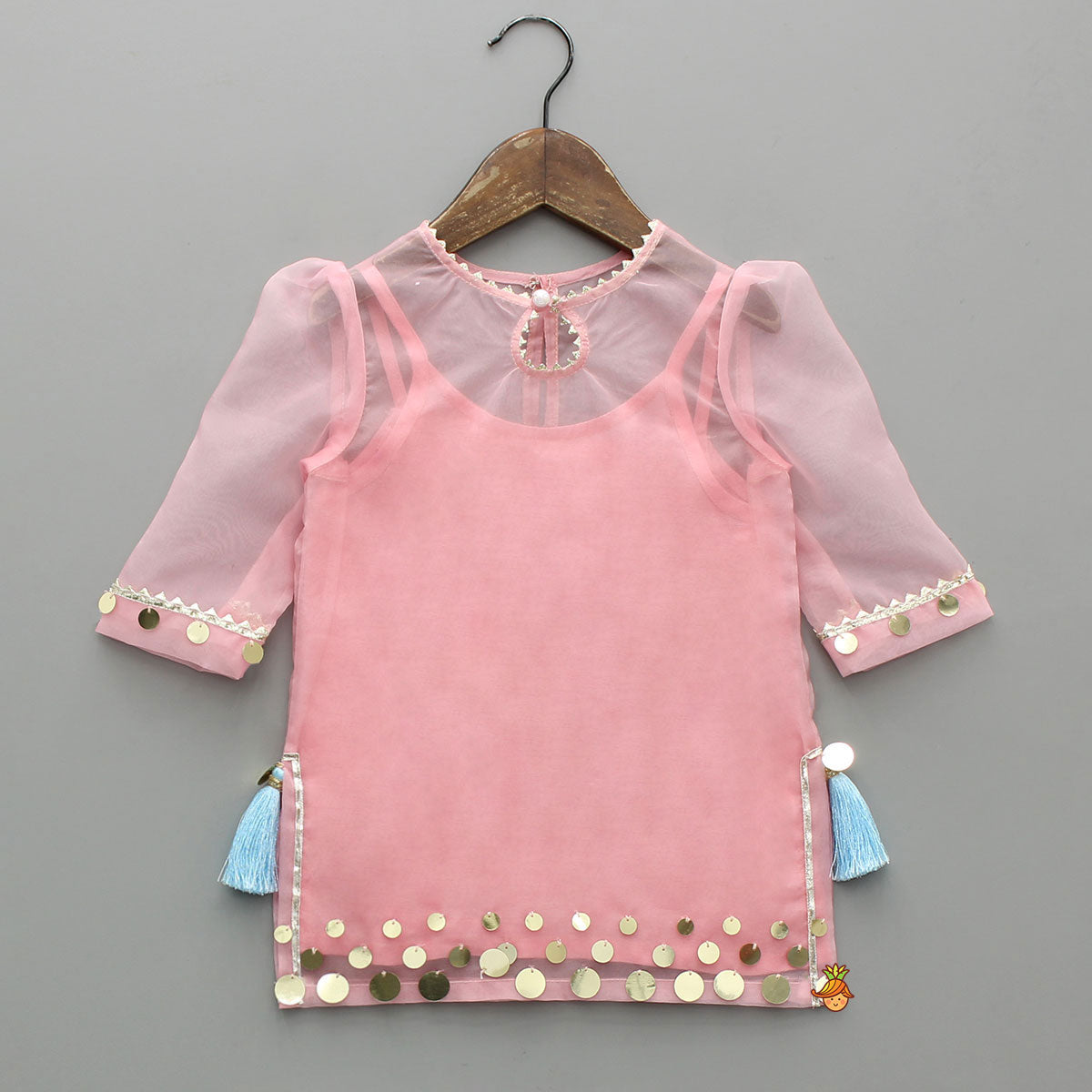 Elegant Strappy Top With Embellished Kurti And Ruffled Sharara With Dupatta