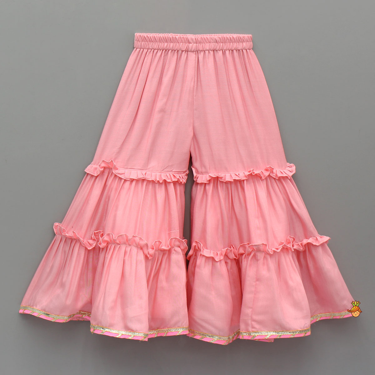 Elegant Strappy Top With Embellished Kurti And Ruffled Sharara With Dupatta