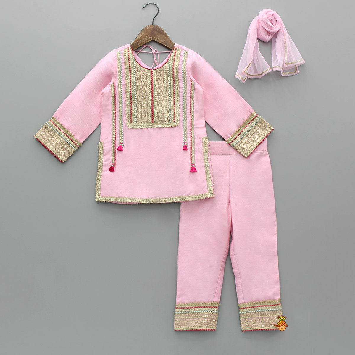 Elegant Lace Adorned Kurti With Matching Pant And Dupatta