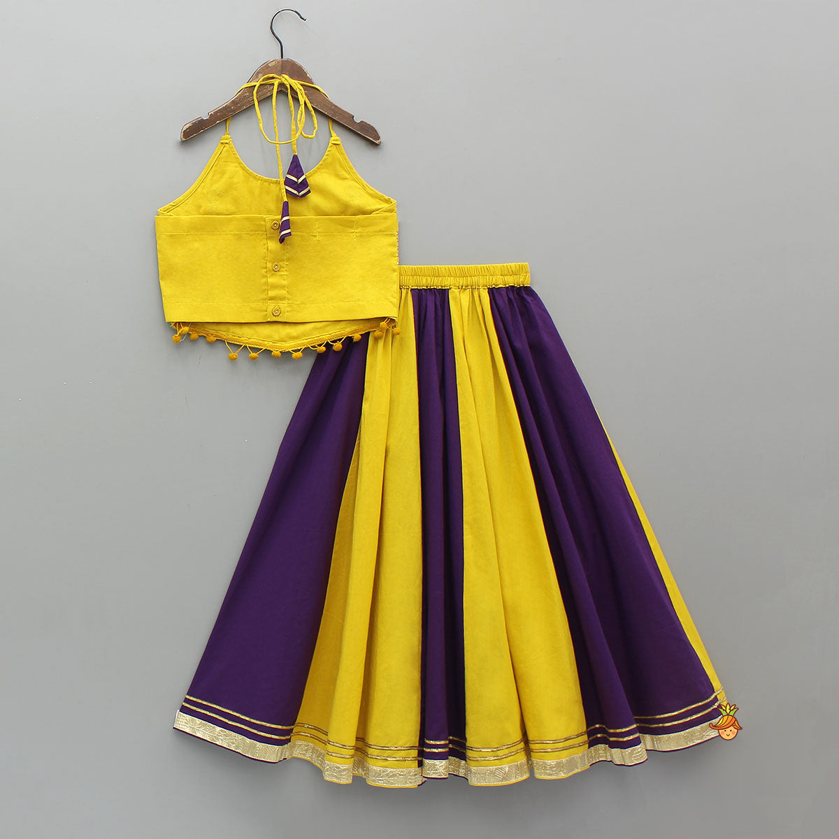 Mirror Work Halter Neck Top And Colour-Block Lehenga