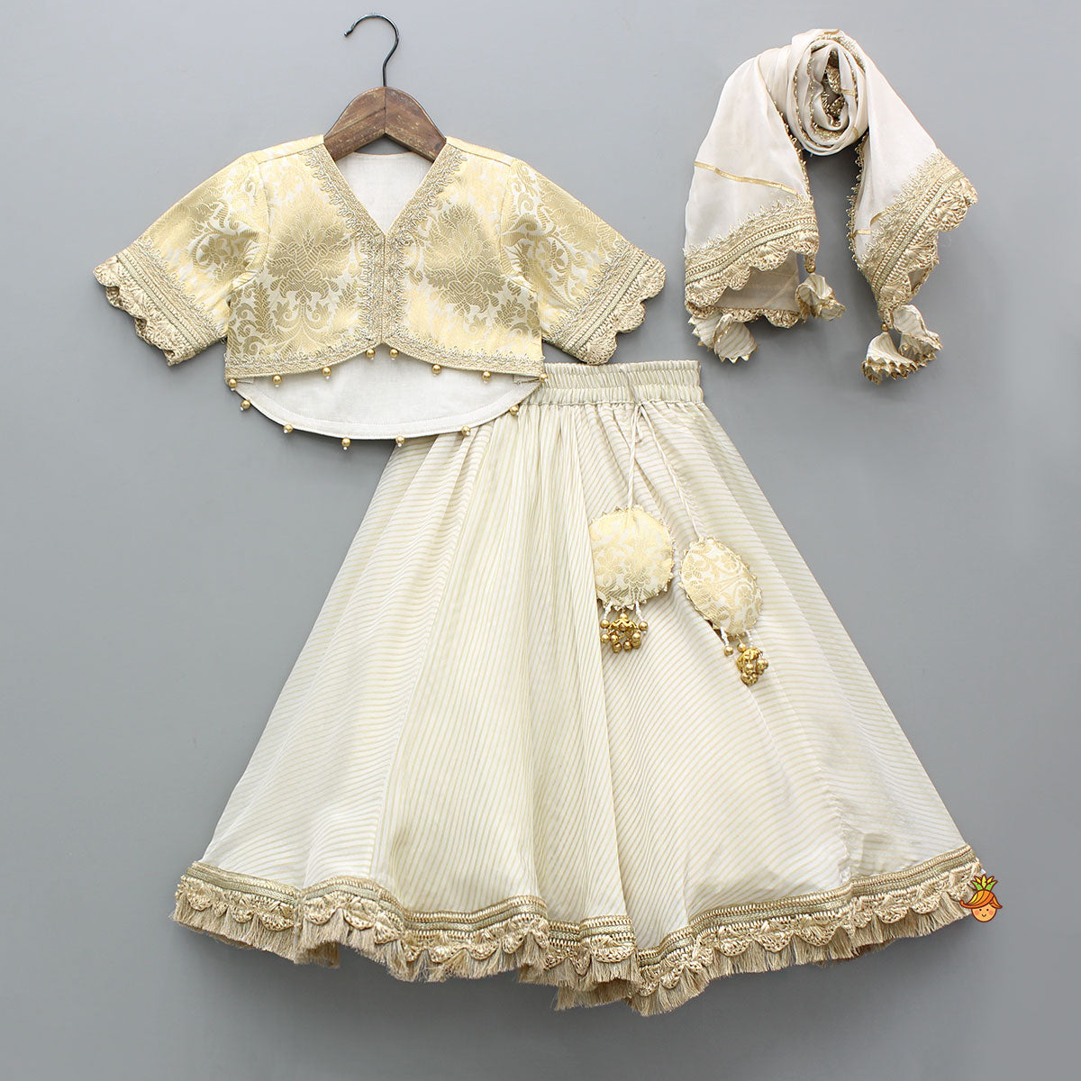 Brocade High-Low Top And Lehenga With Gota Lace Work Dupatta