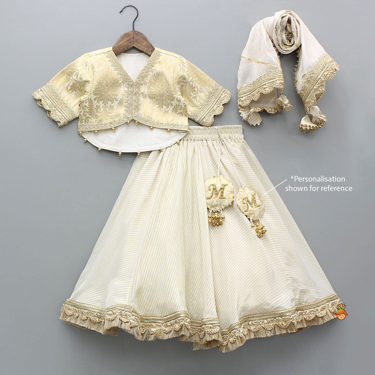 Brocade High-Low Top And Lehenga With Gota Lace Work Dupatta