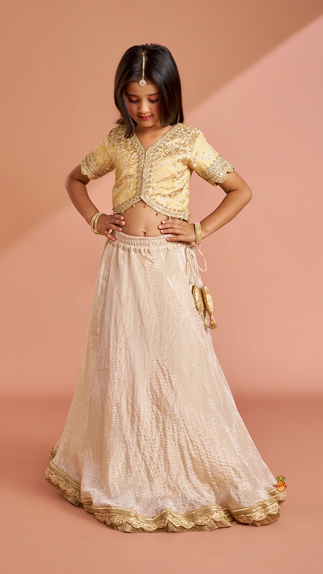 Brocade High-Low Top And Lehenga With Gota Lace Work Dupatta