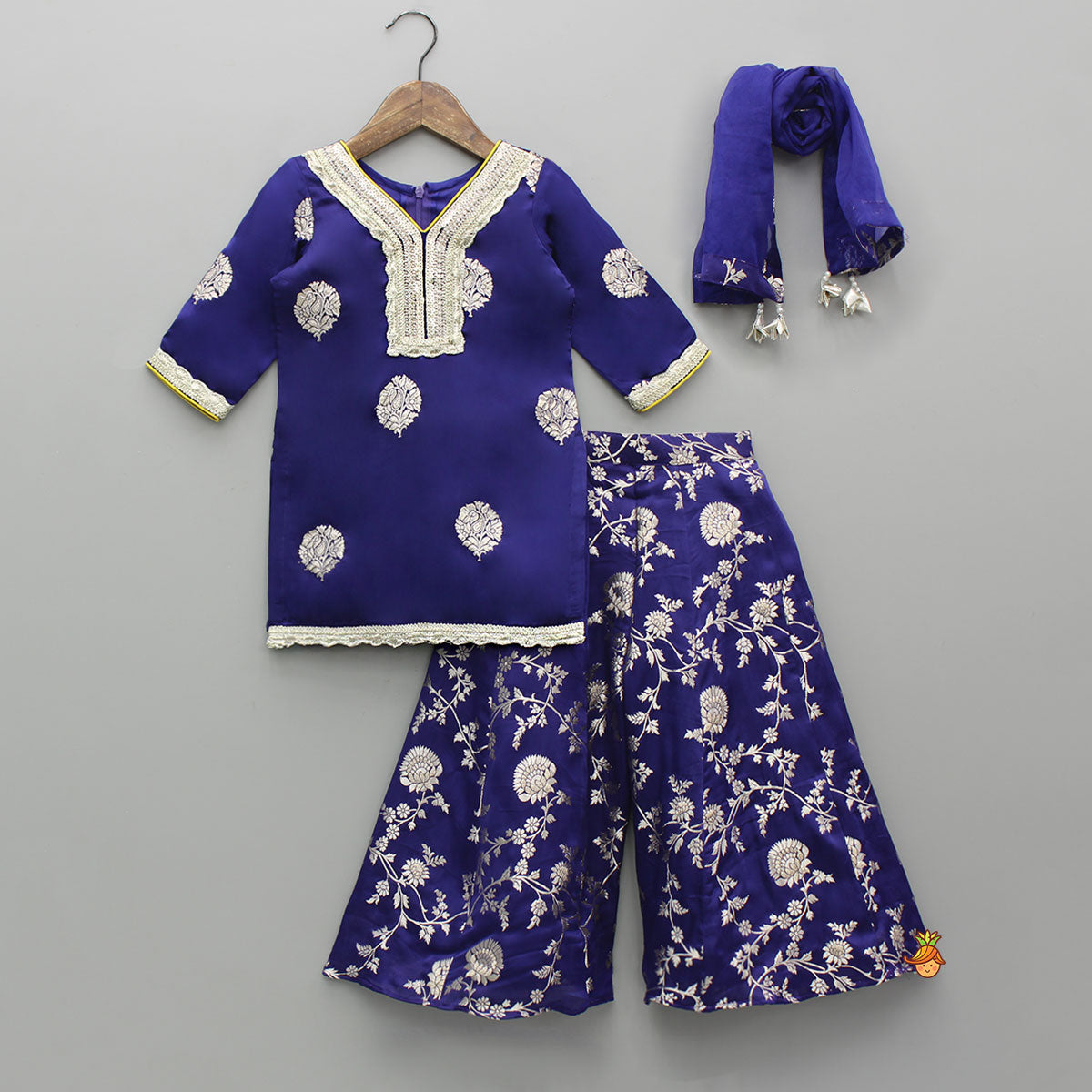 Beautiful Lace Adorned Kurti With Floral Palazzo And Dupatta