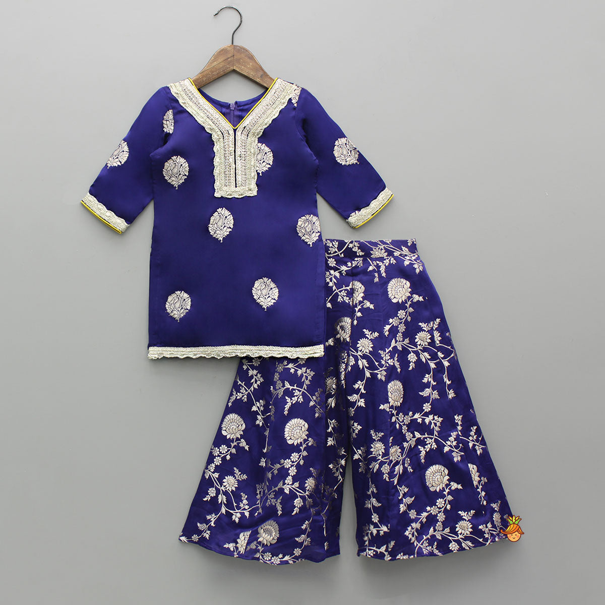 Beautiful Lace Adorned Kurti With Floral Palazzo And Dupatta