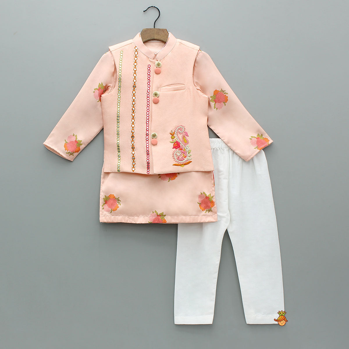 Floral Printed Kurta With Pocket-Detail Jacket And Pyjama