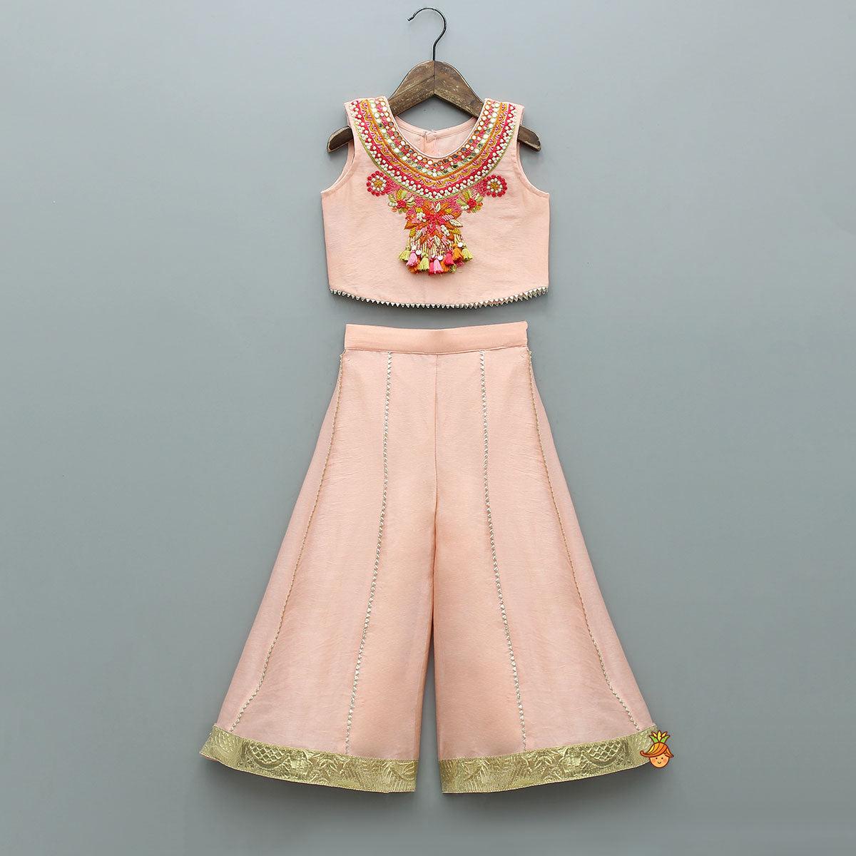 Faux Mirror Embellished Stylish Sleeveless Top With Palazzo And Potli Bag