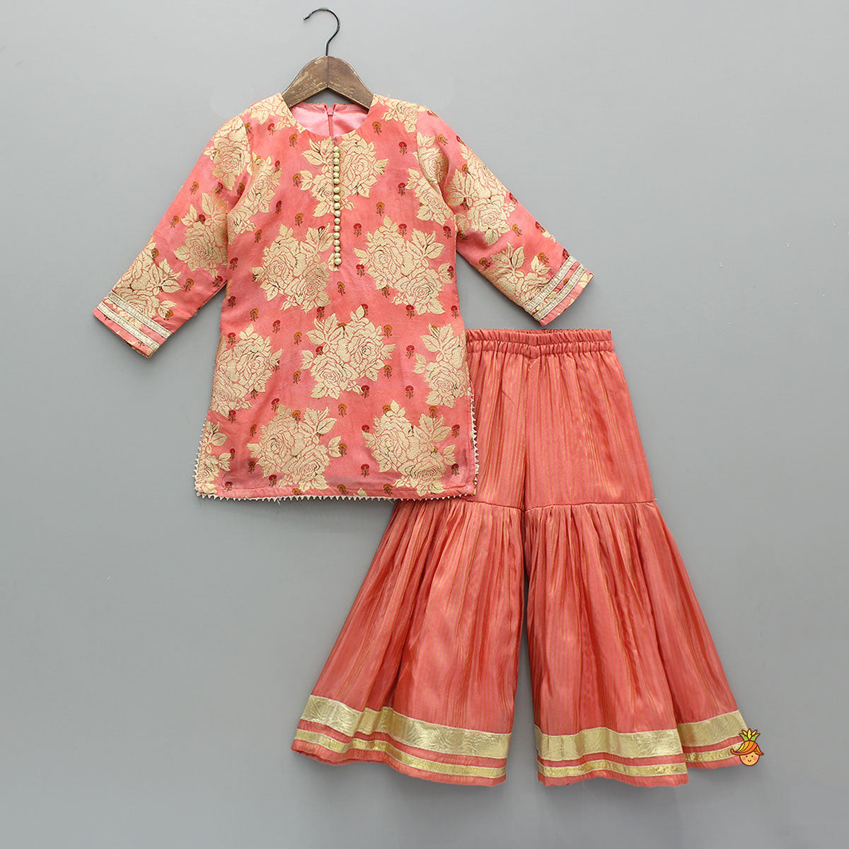 Potli Button-Detail Floral Brocade Kurti With Striped Sharara And Dupatta