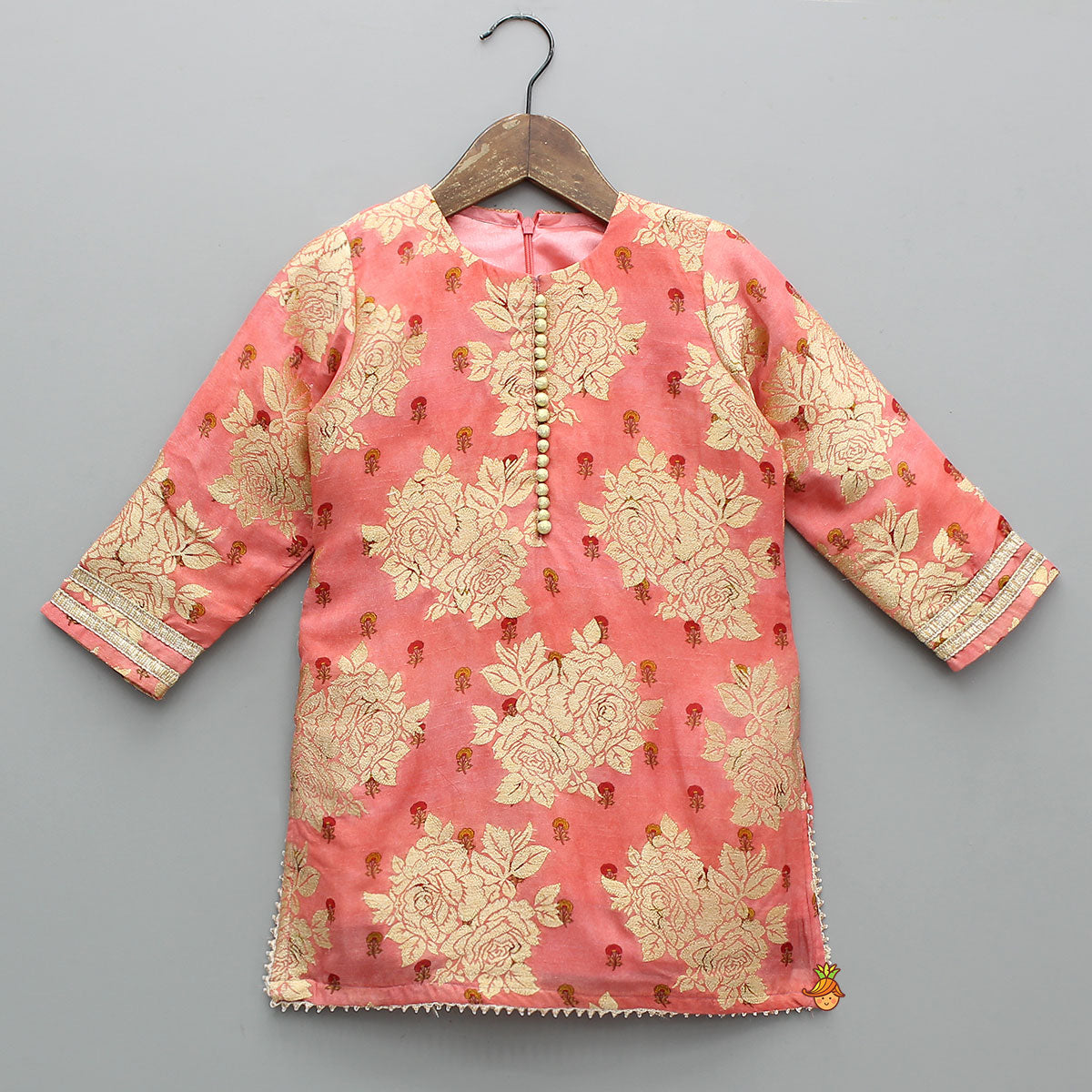 Potli Button-Detail Floral Brocade Kurti With Striped Sharara And Dupatta
