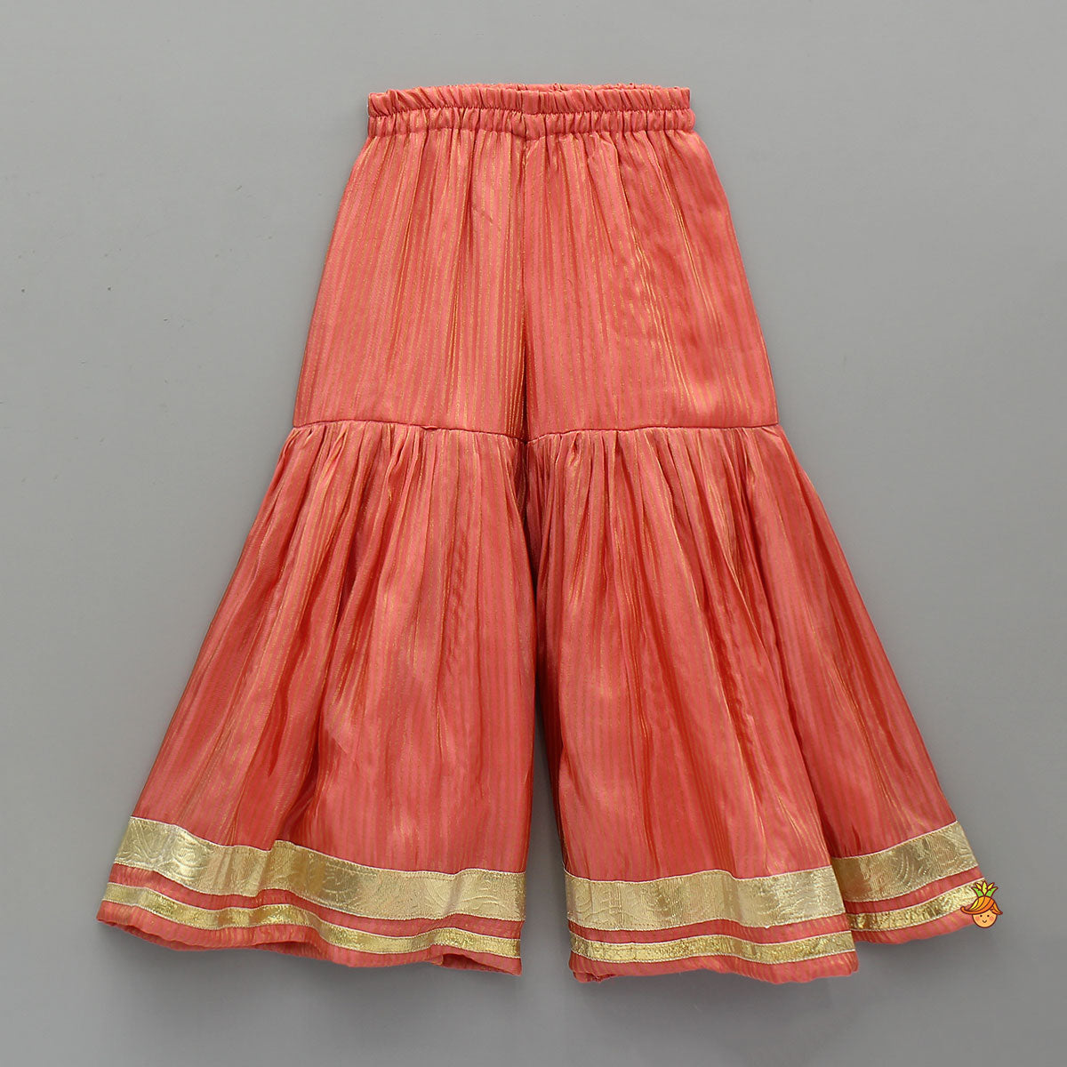 Potli Button-Detail Floral Brocade Kurti With Striped Sharara And Dupatta