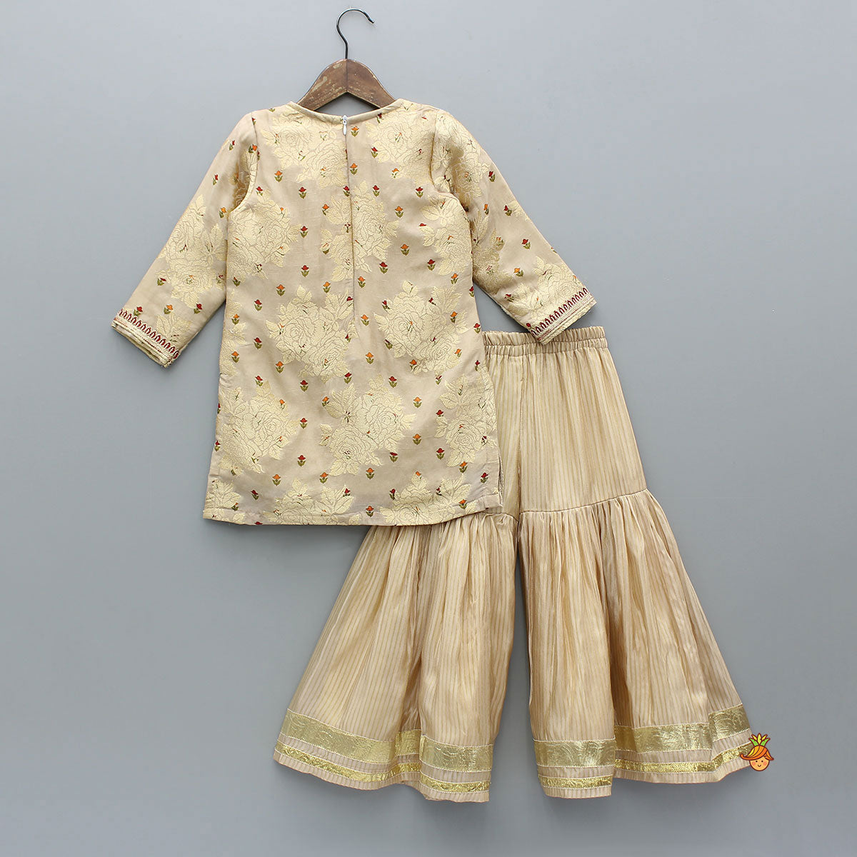 Potli Button-Detail Floral Brocade Gorgeous Kurti With Striped Sharara And Dupatta