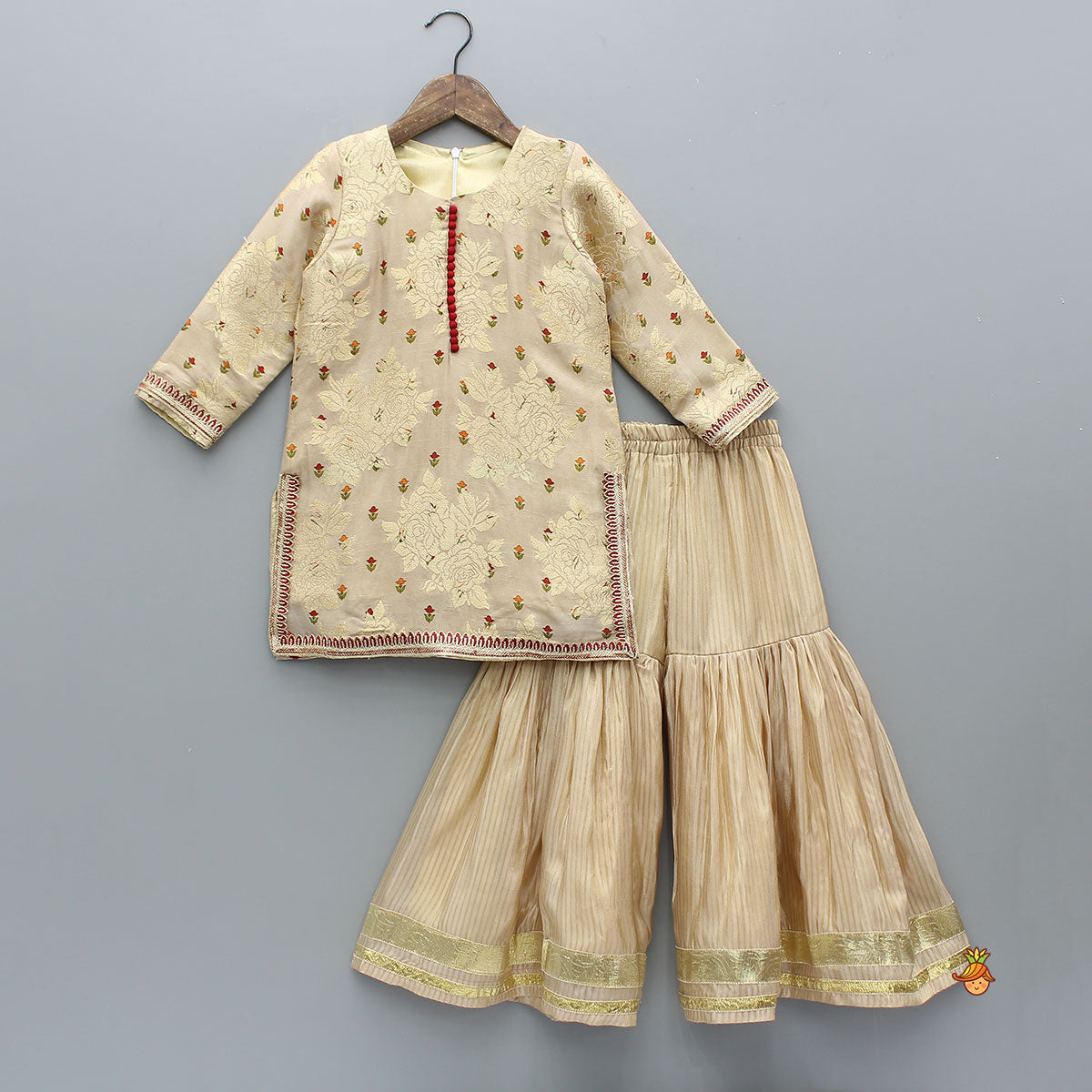 Potli Button-Detail Floral Brocade Gorgeous Kurti With Striped Sharara And Dupatta