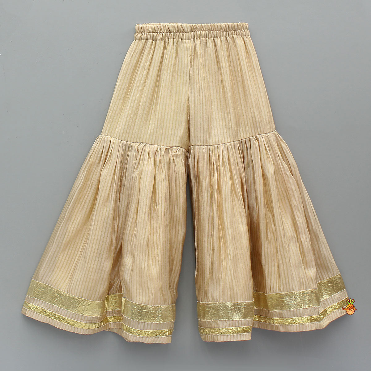 Potli Button-Detail Floral Brocade Gorgeous Kurti With Striped Sharara And Dupatta