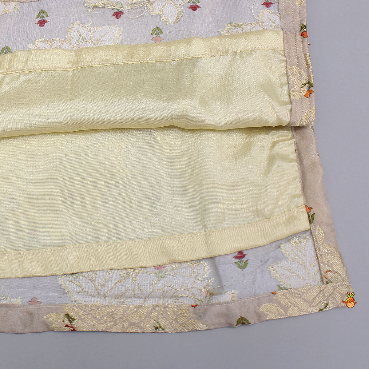 Potli Button-Detail Floral Brocade Gorgeous Kurti With Striped Sharara And Dupatta