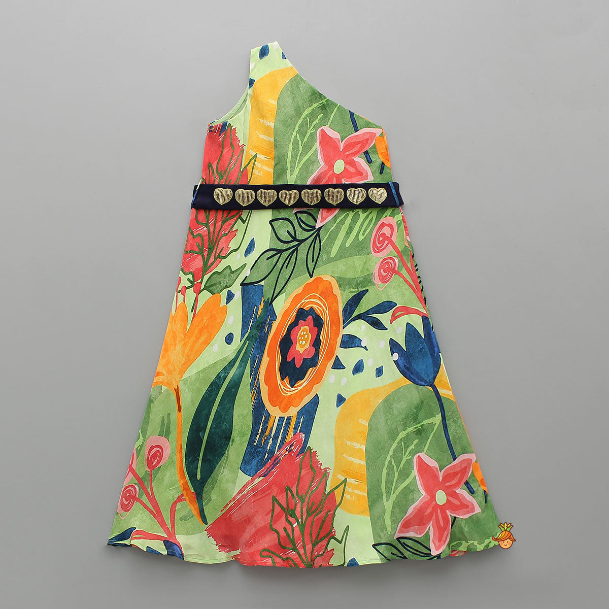 Exquisite One Shoulder Multicolour Printed Dress With Heart Embroidered Belt