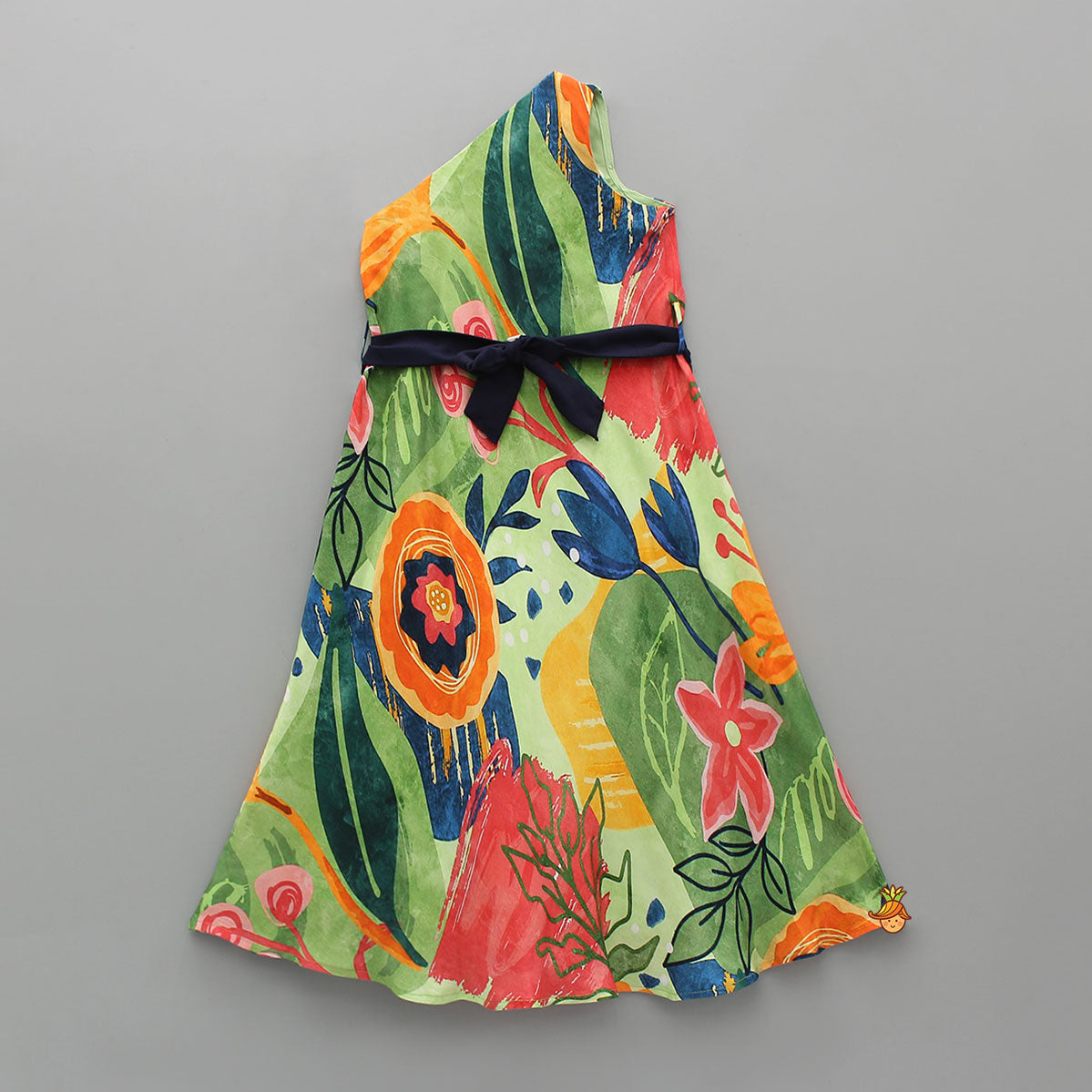 Exquisite One Shoulder Multicolour Printed Dress With Heart Embroidered Belt