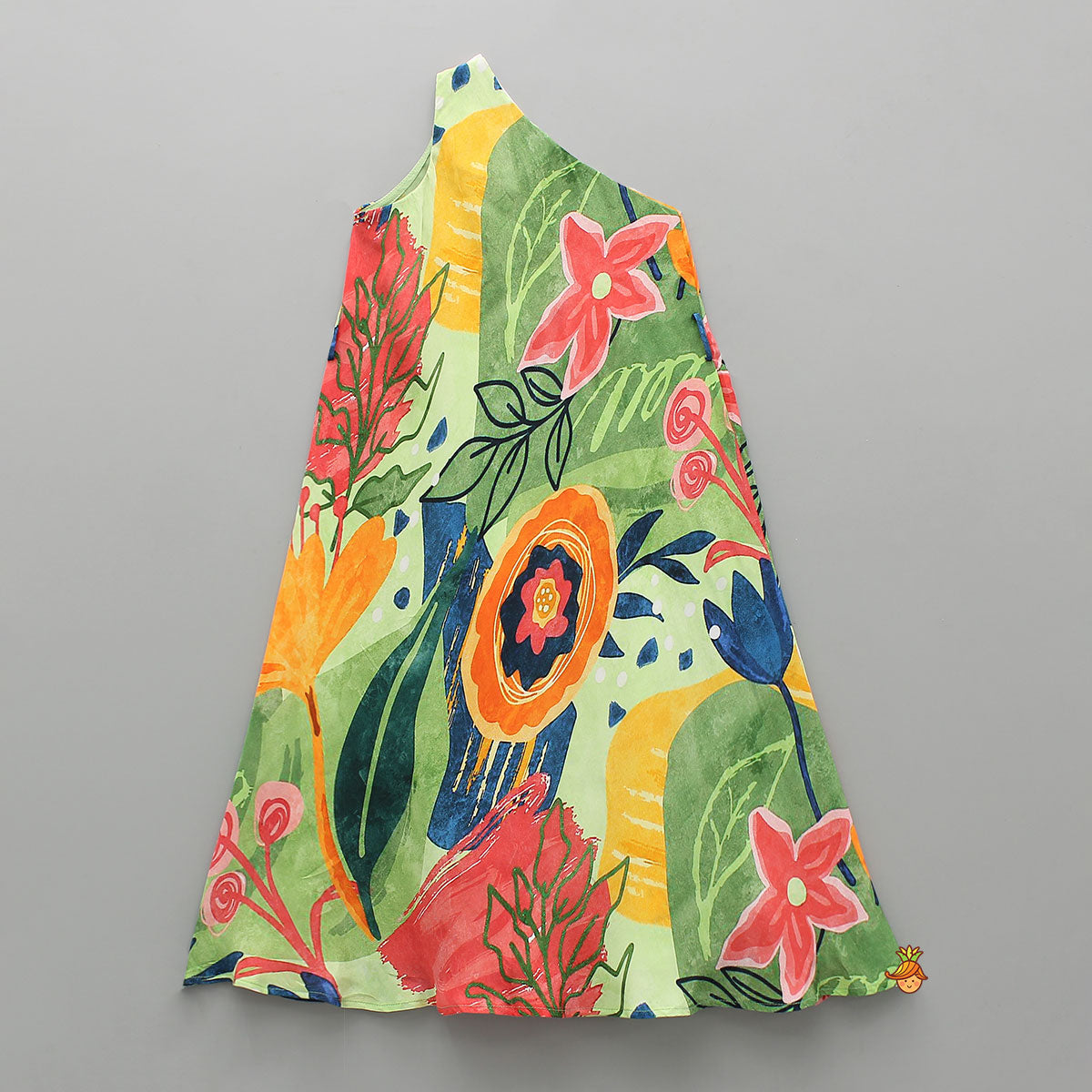 Exquisite One Shoulder Multicolour Printed Dress With Heart Embroidered Belt