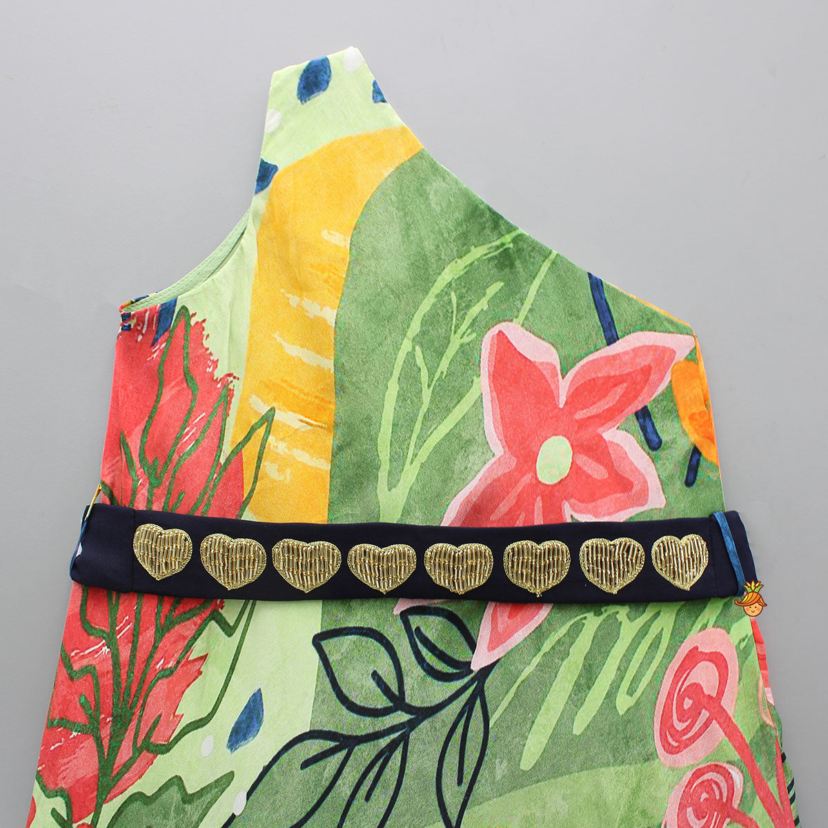 Exquisite One Shoulder Multicolour Printed Dress With Heart Embroidered Belt