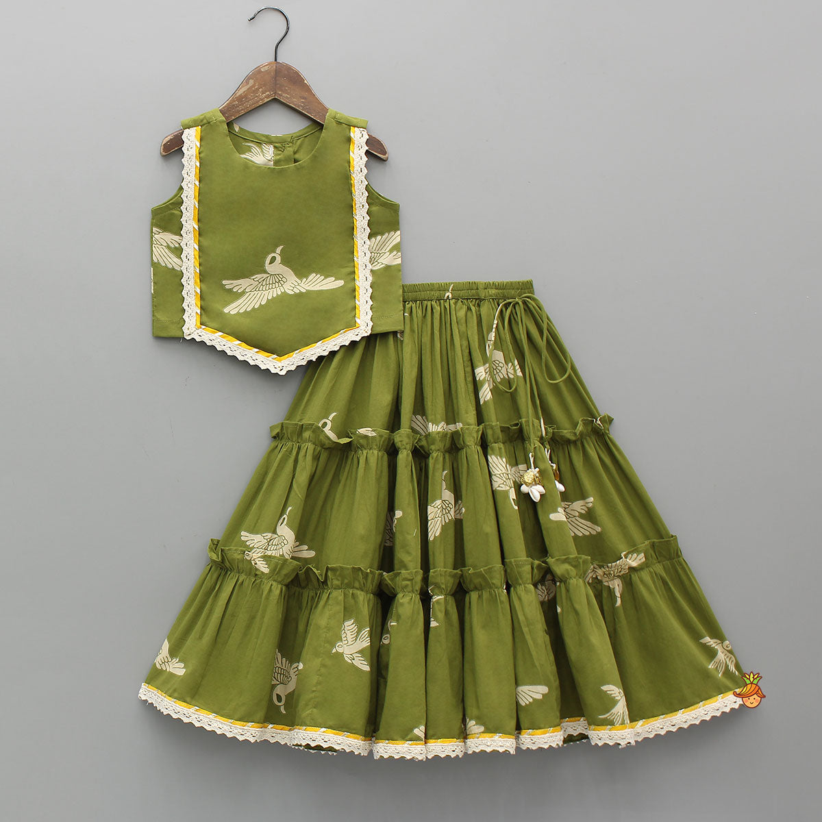Bird-Printed Sleeveless Top With Tiered Lehenga