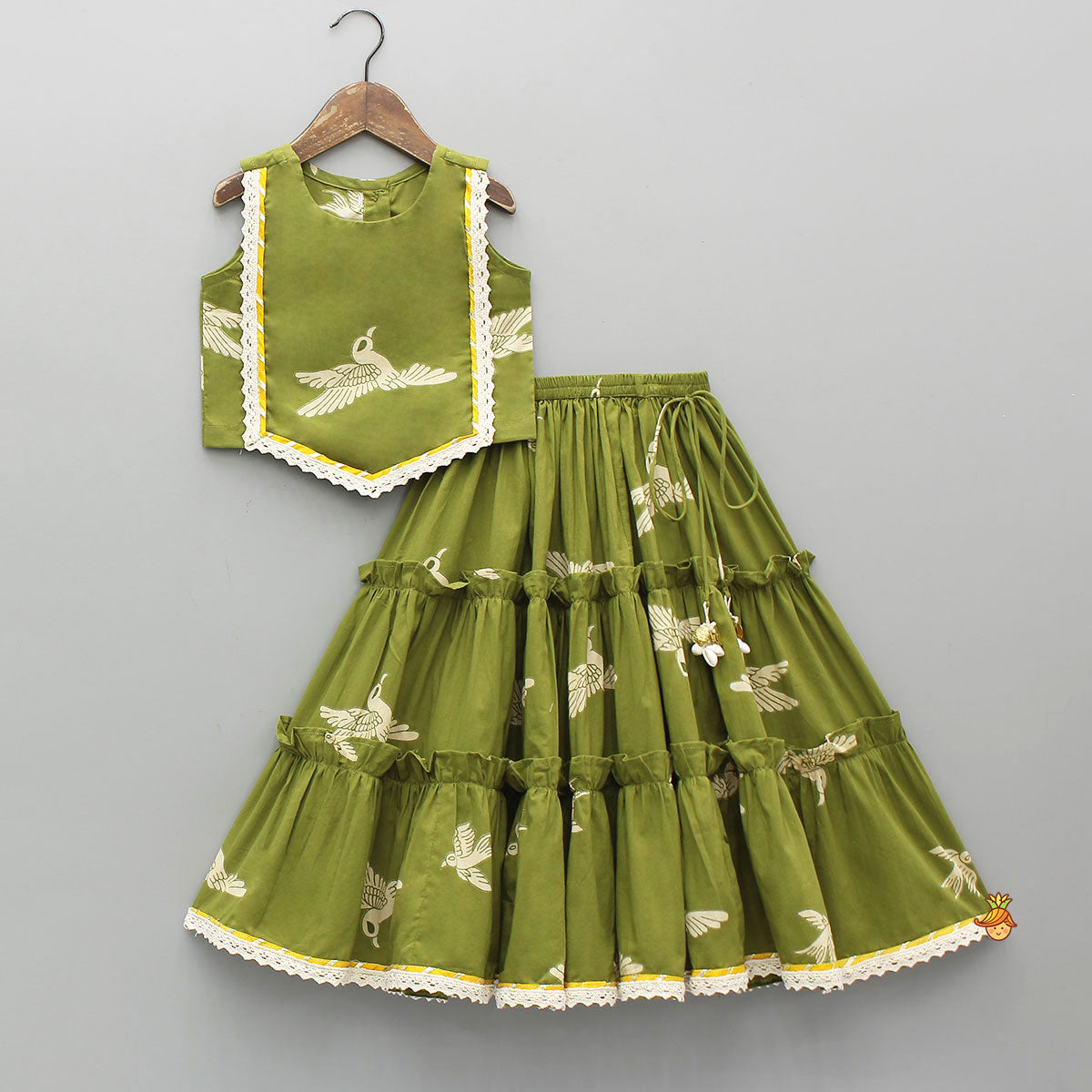 Bird-Printed Sleeveless Top With Tiered Lehenga