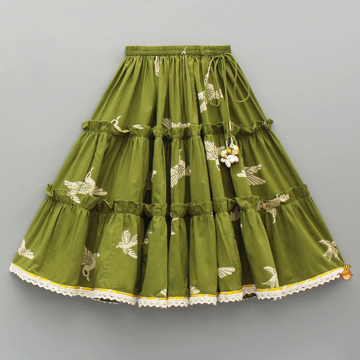 Bird-Printed Sleeveless Top With Tiered Lehenga