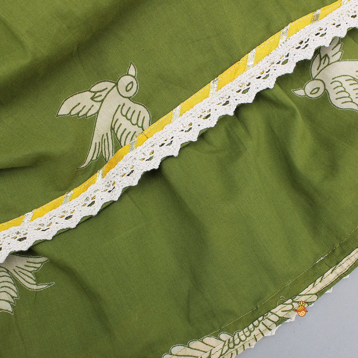 Bird-Printed Sleeveless Top With Tiered Lehenga
