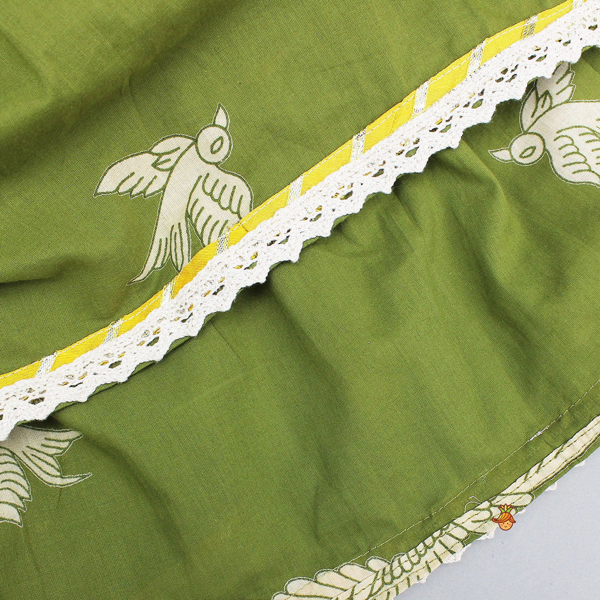 Bird-Printed Sleeveless Top With Tiered Lehenga