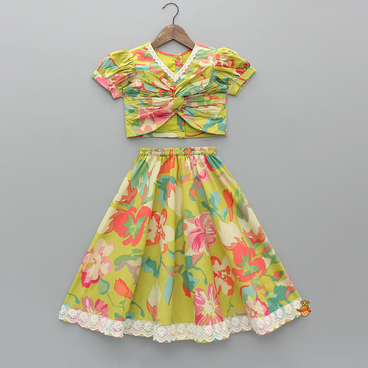Floral Printed Knot-Designed Top And Lehenga