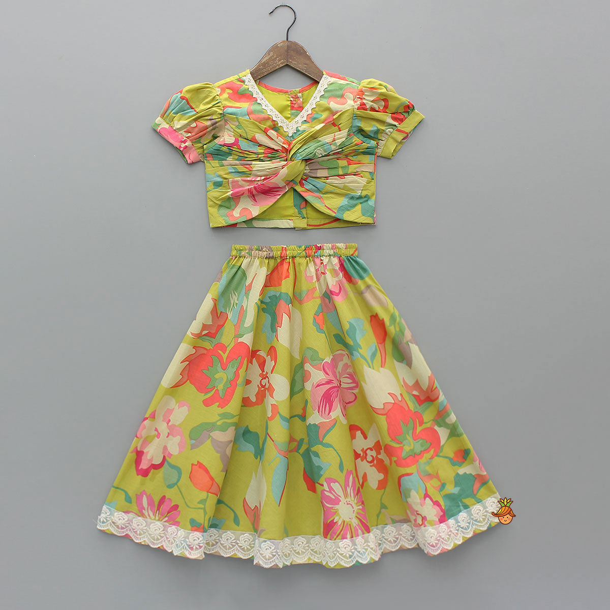 Floral Printed Knot-Designed Top And Lehenga