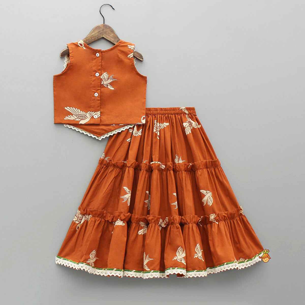 Bird-Printed Sleeveless Ethnic Top With Tiered Lehenga