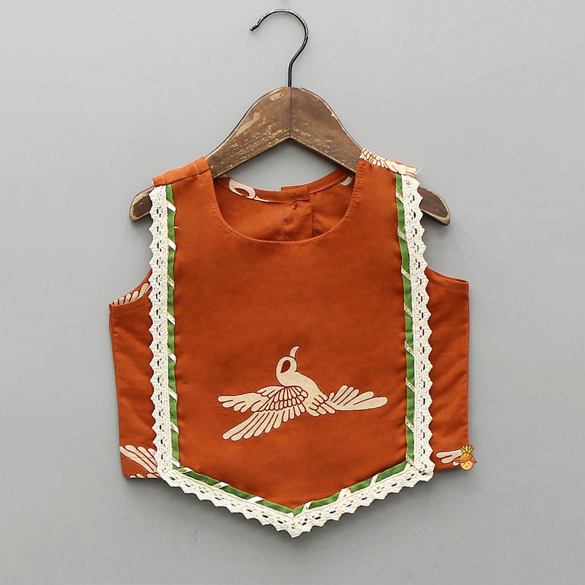 Bird-Printed Sleeveless Ethnic Top With Tiered Lehenga