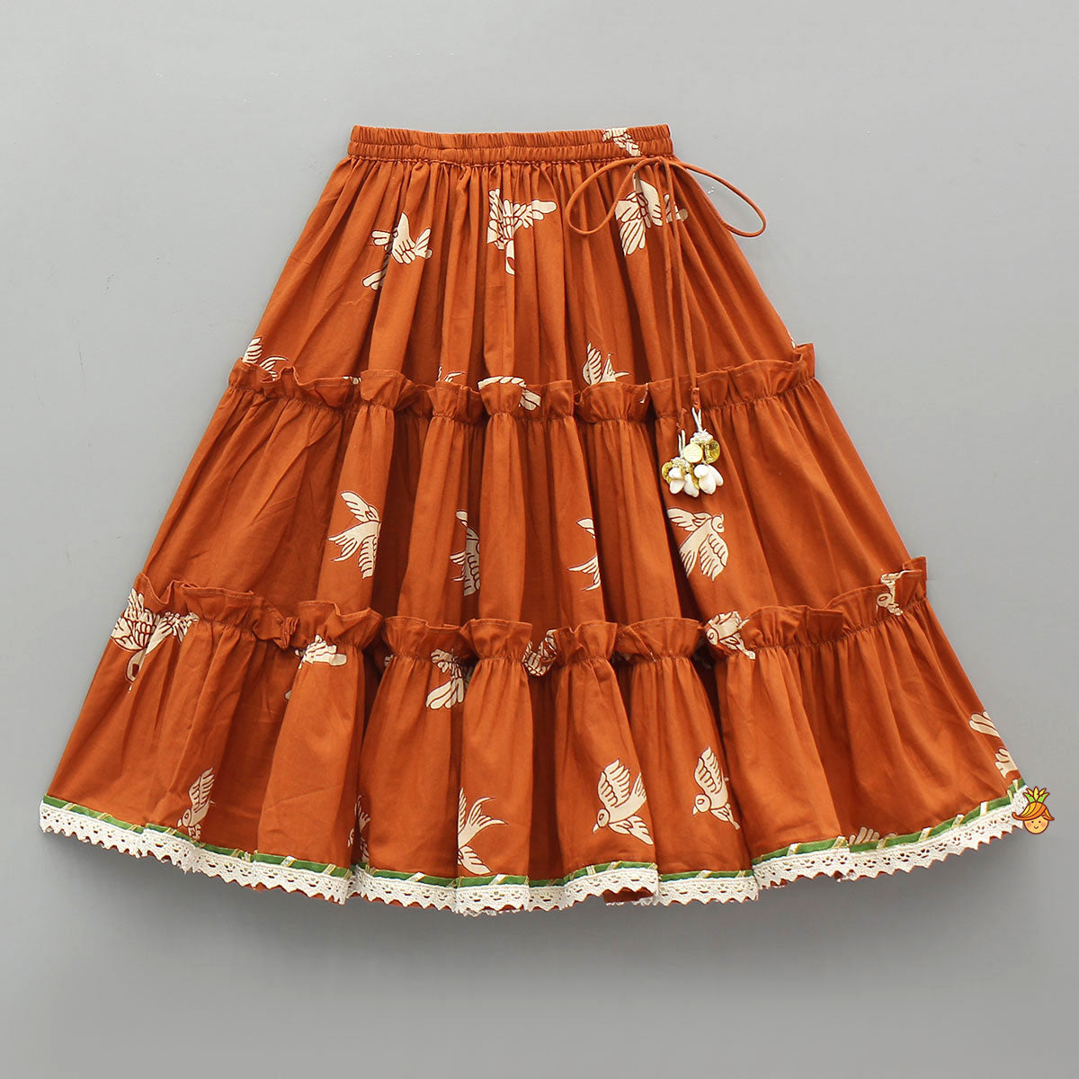 Bird-Printed Sleeveless Ethnic Top With Tiered Lehenga