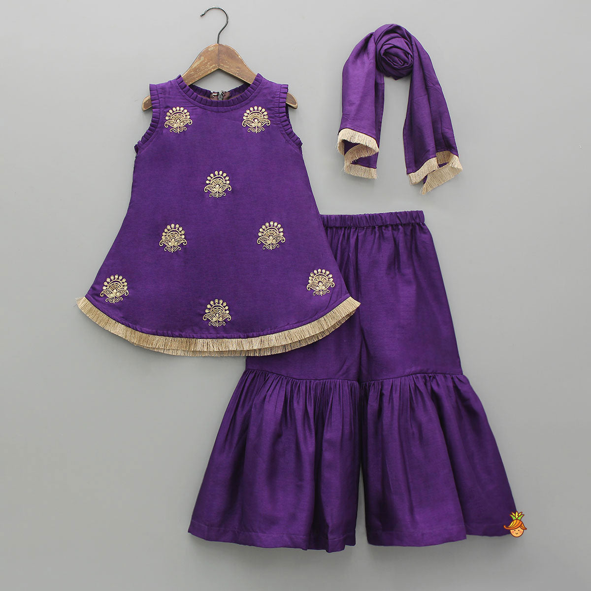 Sequin Embroidered Pleat Detailed Kurti With Sharara And Dupatta