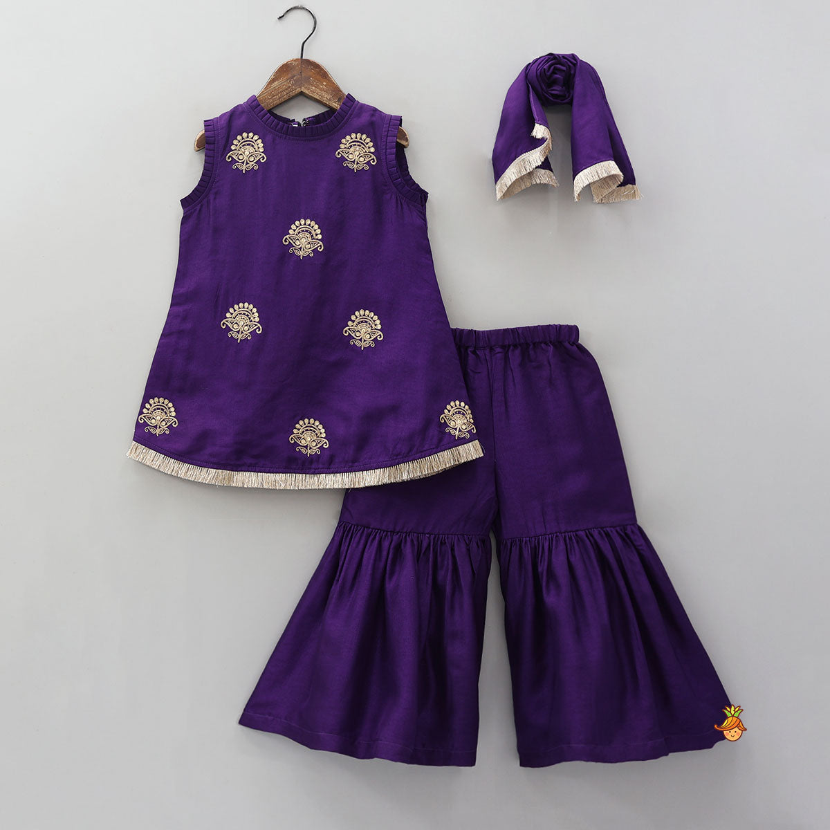 Sequin Embroidered Pleat Detailed Kurti With Sharara And Dupatta