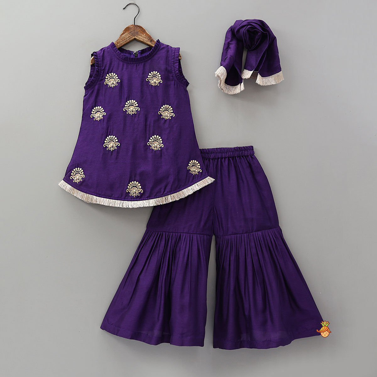 Sequin Embroidered Pleat Detailed Kurti With Sharara And Dupatta
