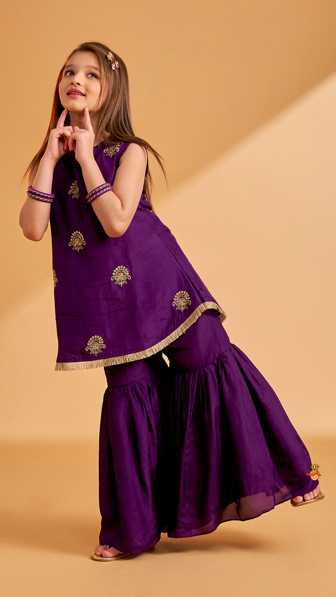 Sequin Embroidered Pleat Detailed Kurti With Sharara And Dupatta