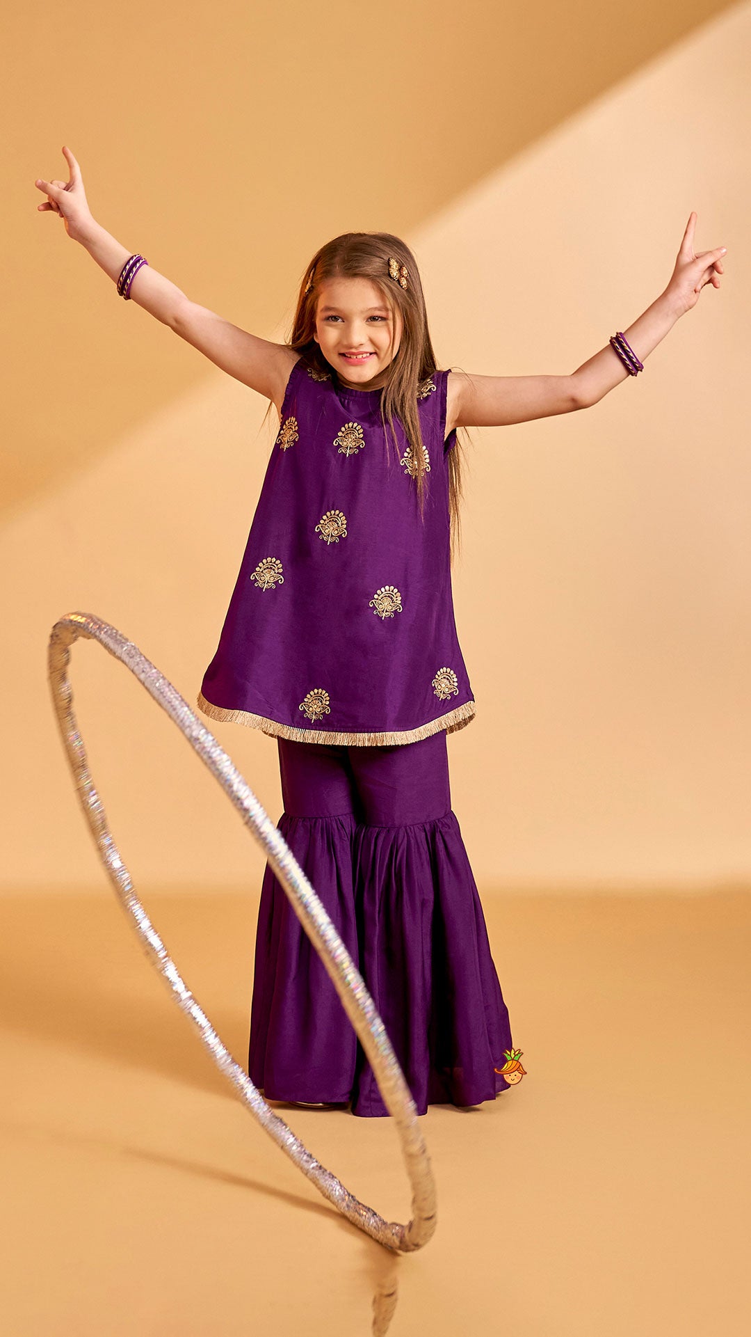 Sequin Embroidered Pleat Detailed Kurti With Sharara And Dupatta