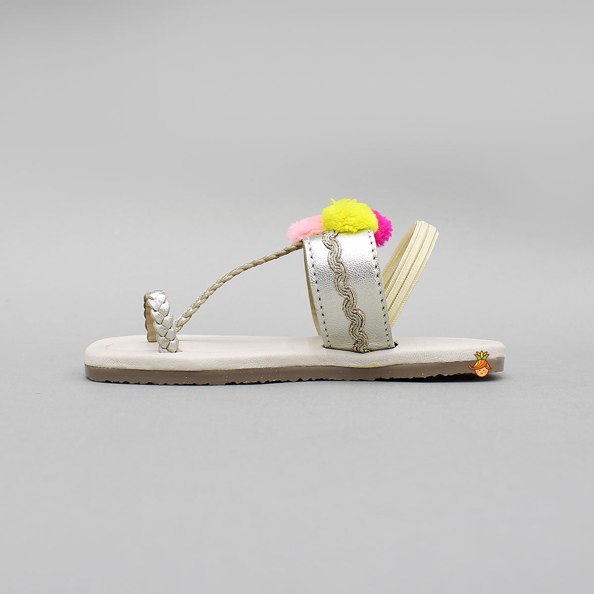 Braided Toe-Ring Kolhapuri Flats With Pom-Pom Adornments