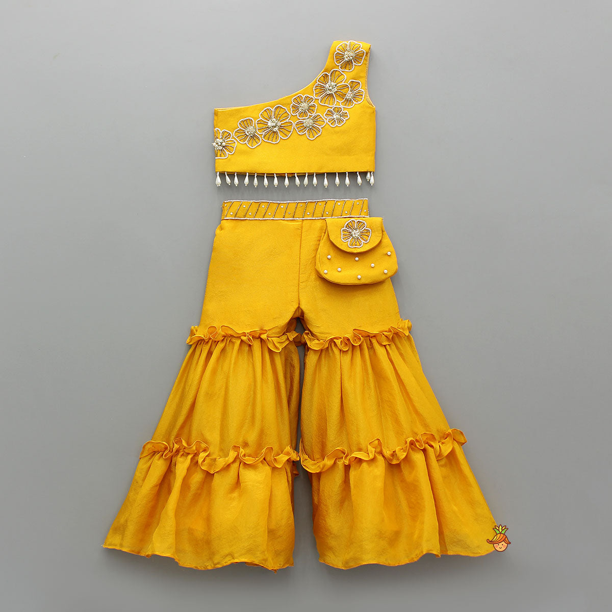 Charming Shimmery One-Shoulder Floral Embroidered Top With Sharara