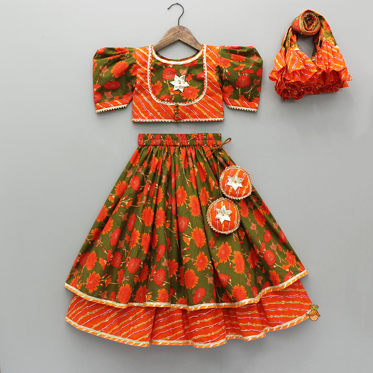 Leheriya Printed Jacket Style Top And Layered Lehenga With Ruffle Dupatta