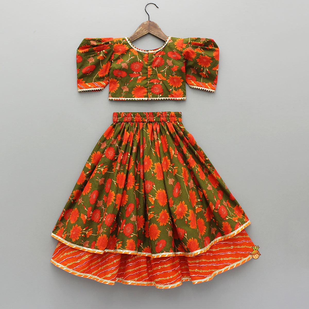 Leheriya Printed Jacket Style Top And Layered Lehenga With Ruffle Dupatta