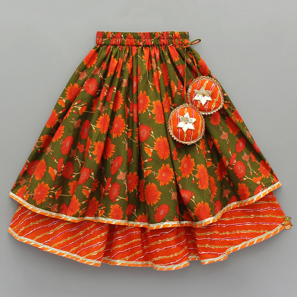 Leheriya Printed Jacket Style Top And Layered Lehenga With Ruffle Dupatta