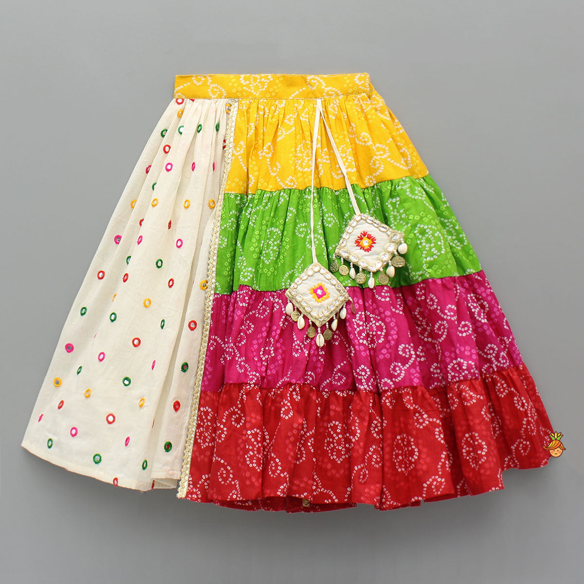 Exquisite Strappy Embellished Top With Multicolour Bandhani Printed Lehenga And Dupatta