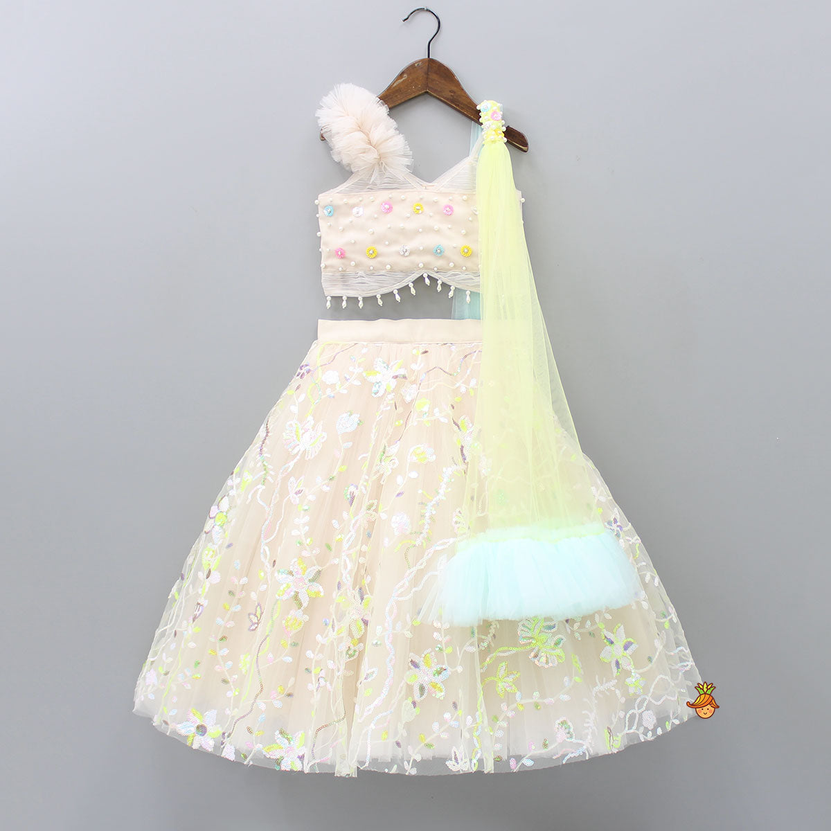 Spaghetti Straps Top And Net Embroidered Lehenga With Dual Tone Stylish Dupatta