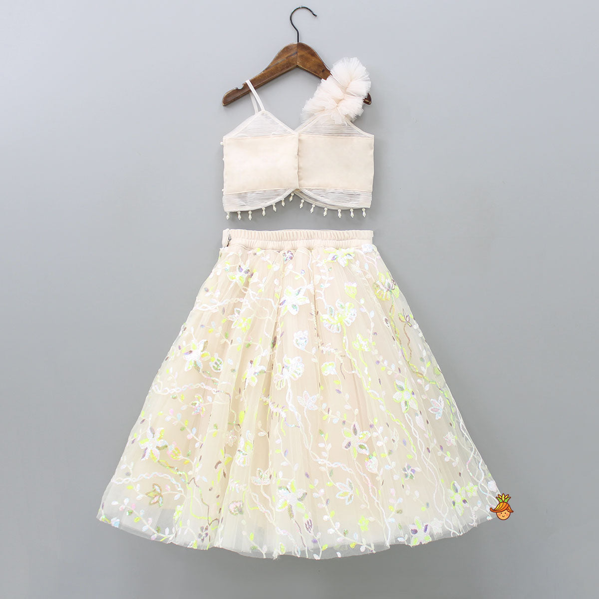 Spaghetti Straps Top And Net Embroidered Lehenga With Dual Tone Stylish Dupatta