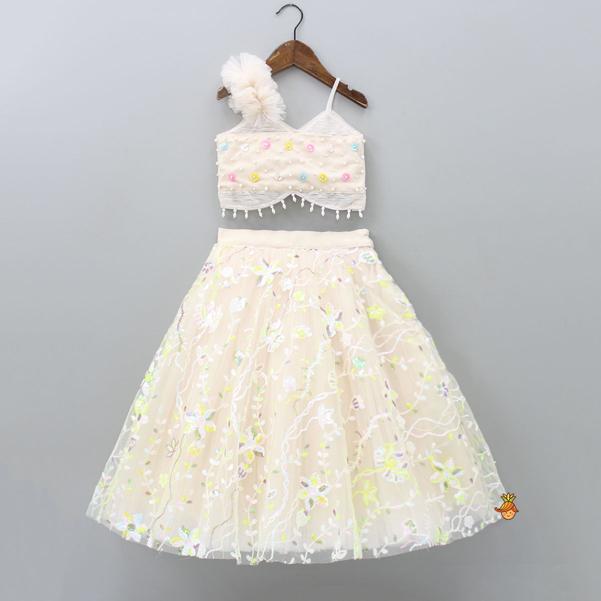 Spaghetti Straps Top And Net Embroidered Lehenga With Dual Tone Stylish Dupatta